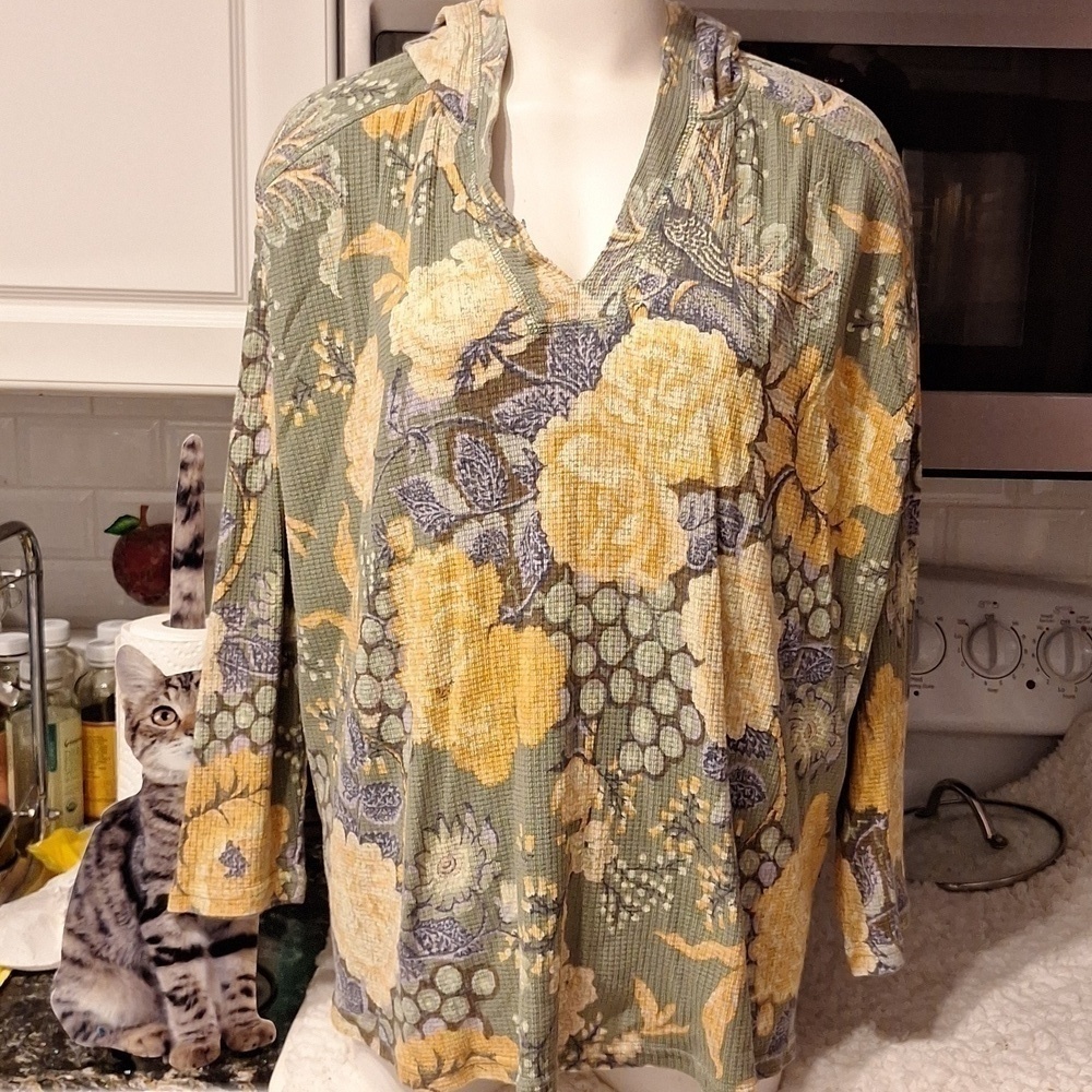 J womens Chaps floral stretch long sleeve plus size hooded top 2X